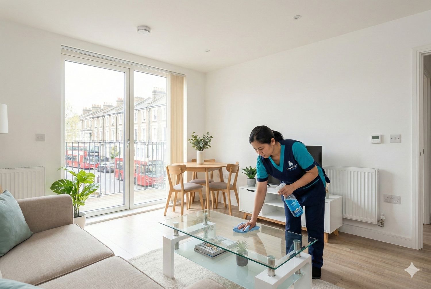 Close-up of oven and glass being carefully cleaned