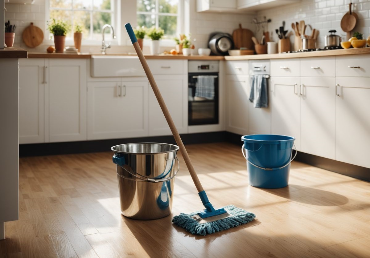 Bright, freshly mopped kitchen floor