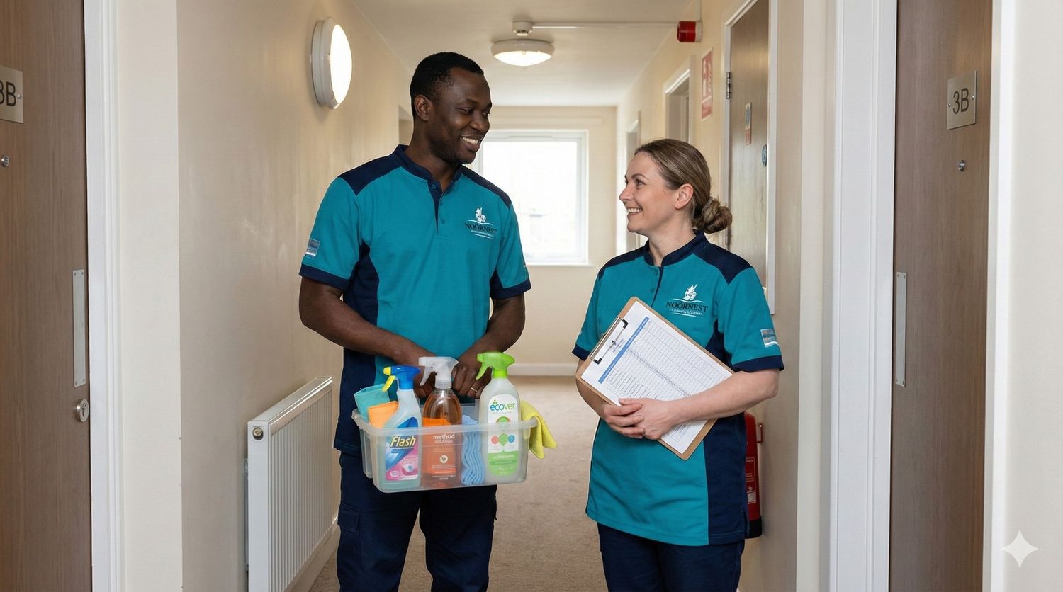 Noornest cleaners working together in a modern flat