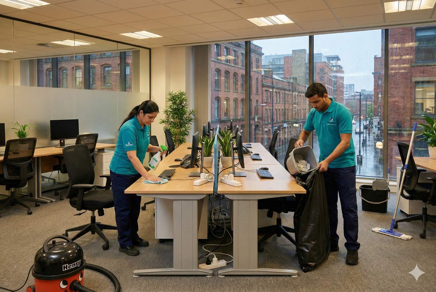 Professional cleaners working in a modern office space