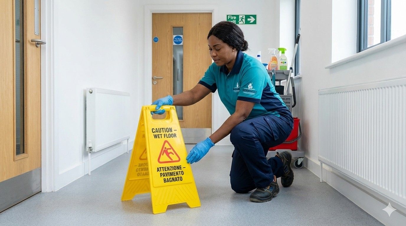 Cleaner following safety procedures